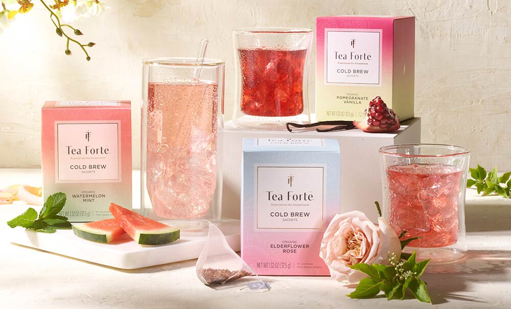 Cold Brew Collection boxes with fresh fruit and cold brew tea in glasses