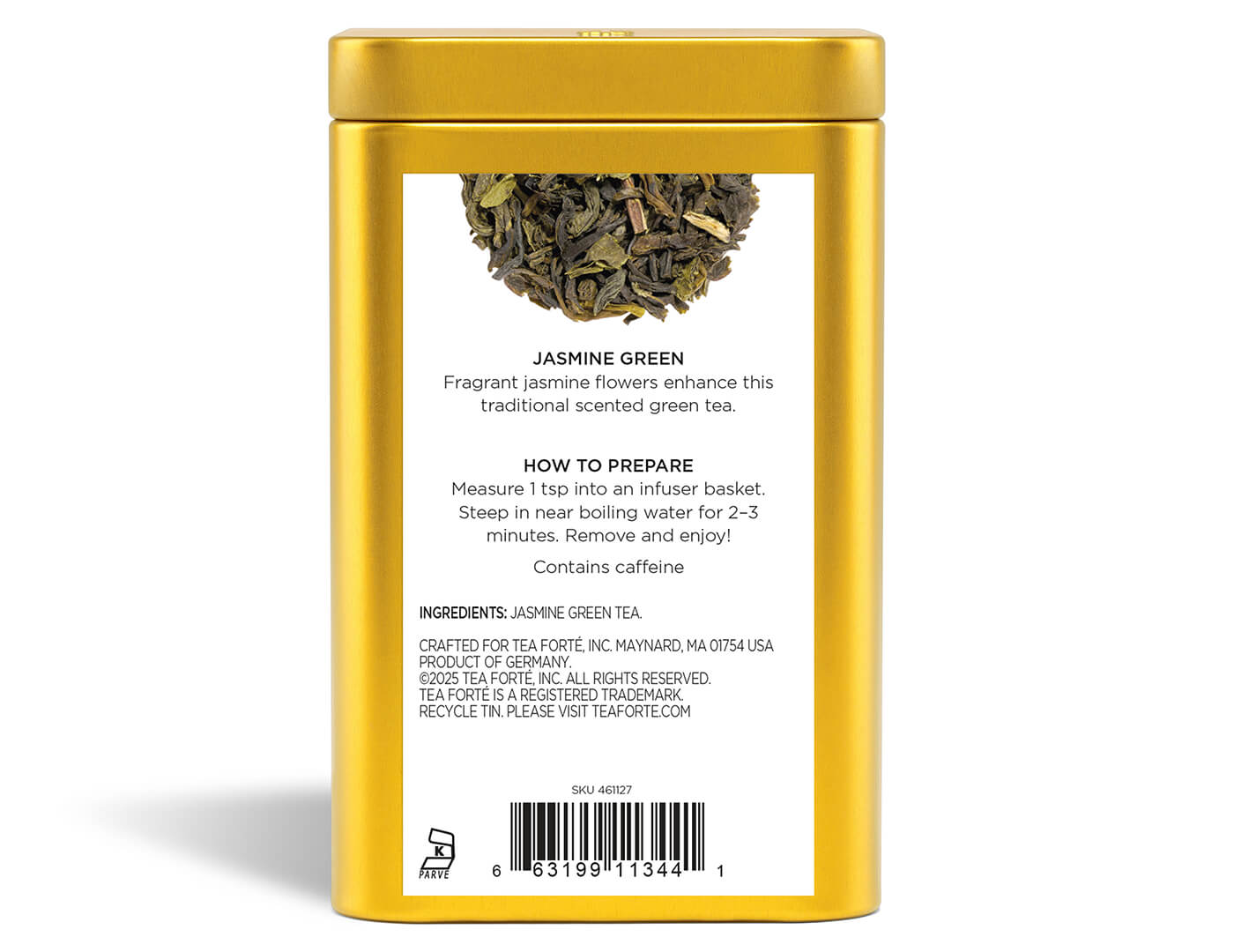 Jasmine Green tea in a canister of loose tea - Back view