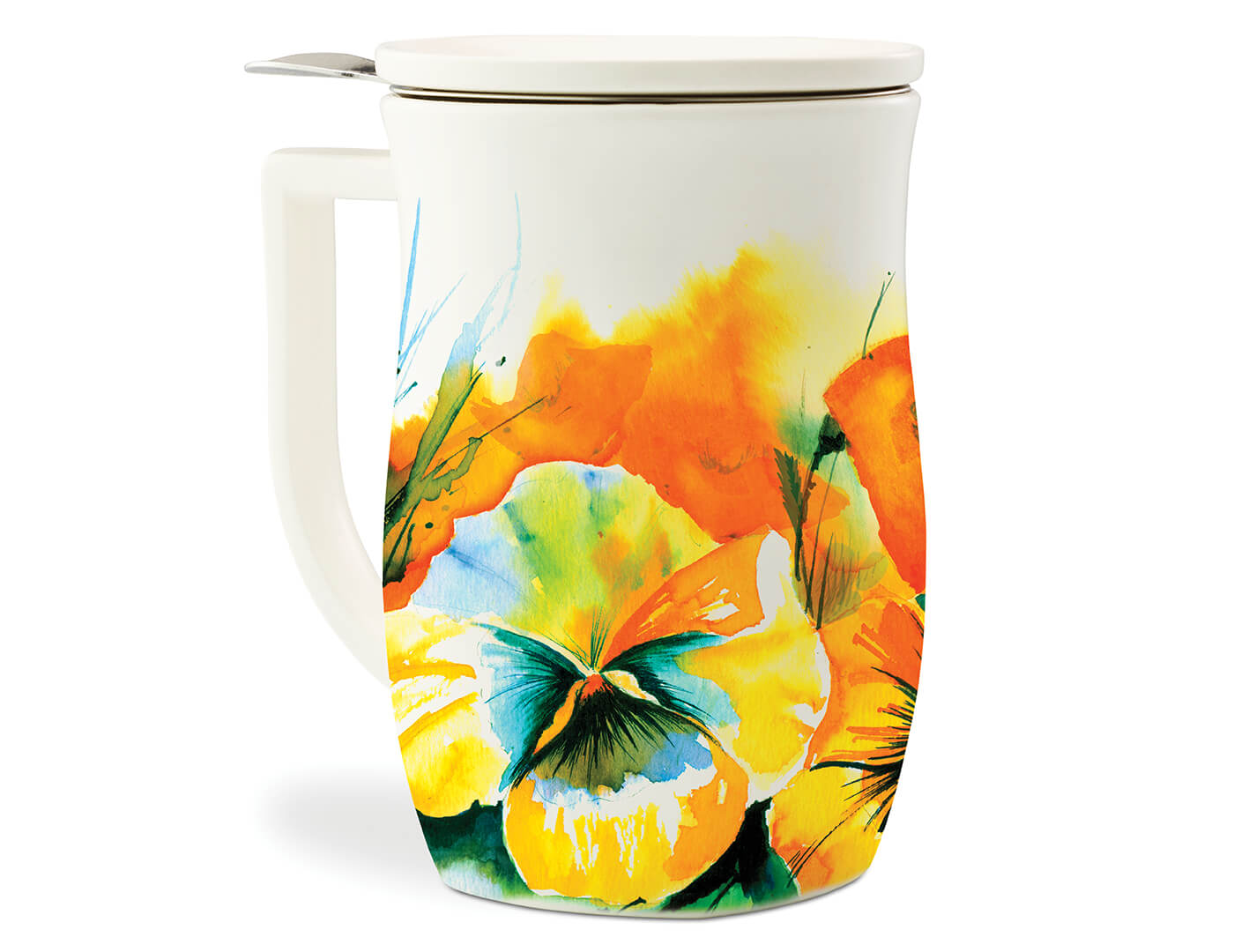Wild Poppy Fiore Steeping Cup with lid on and infuser basket inside