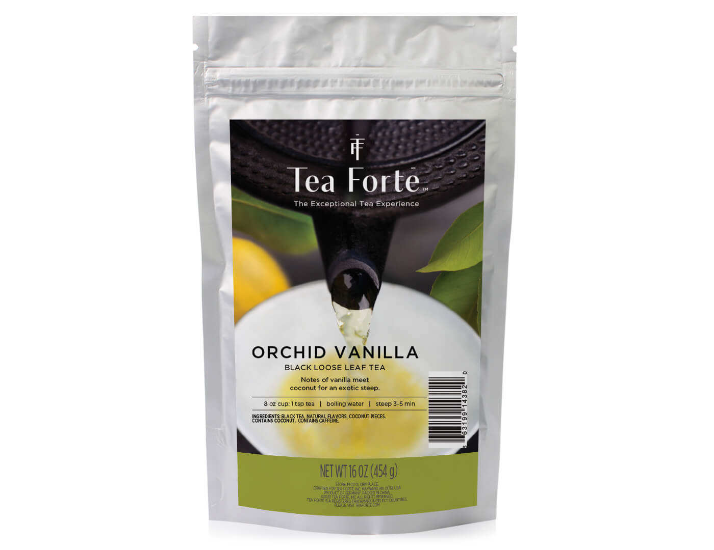 Orchid Vanilla tea in a one pound pouch of loose tea