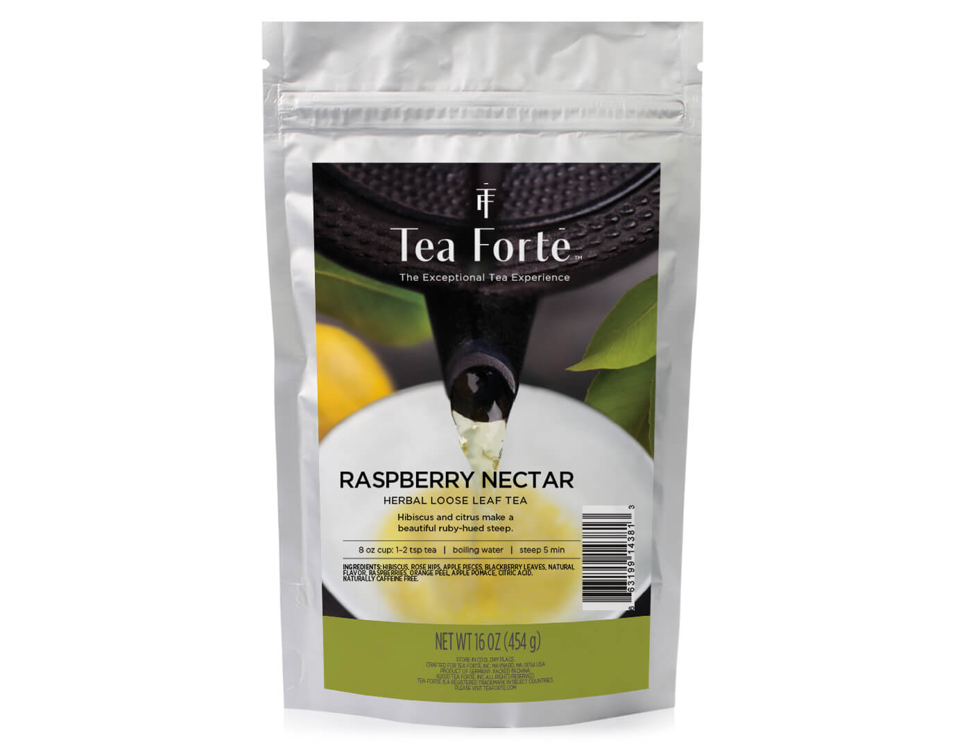 Raspberry Nectar tea in a one pound pouch of loose tea