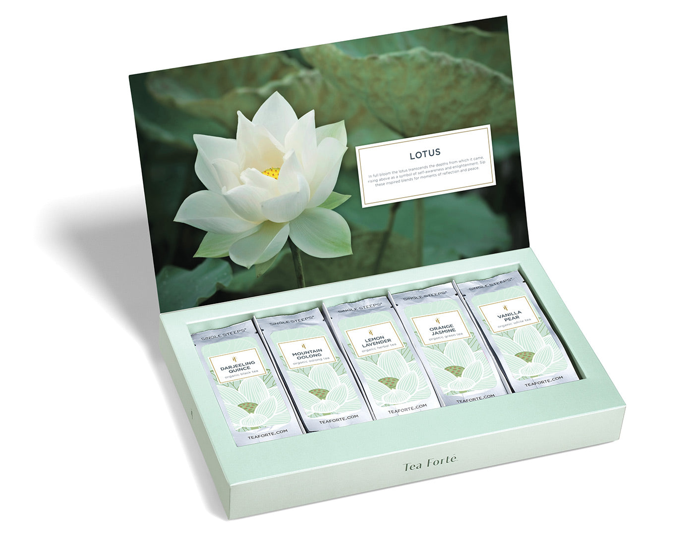 Lotus Single Steeps Sampler of 15 loose tea pouches, open