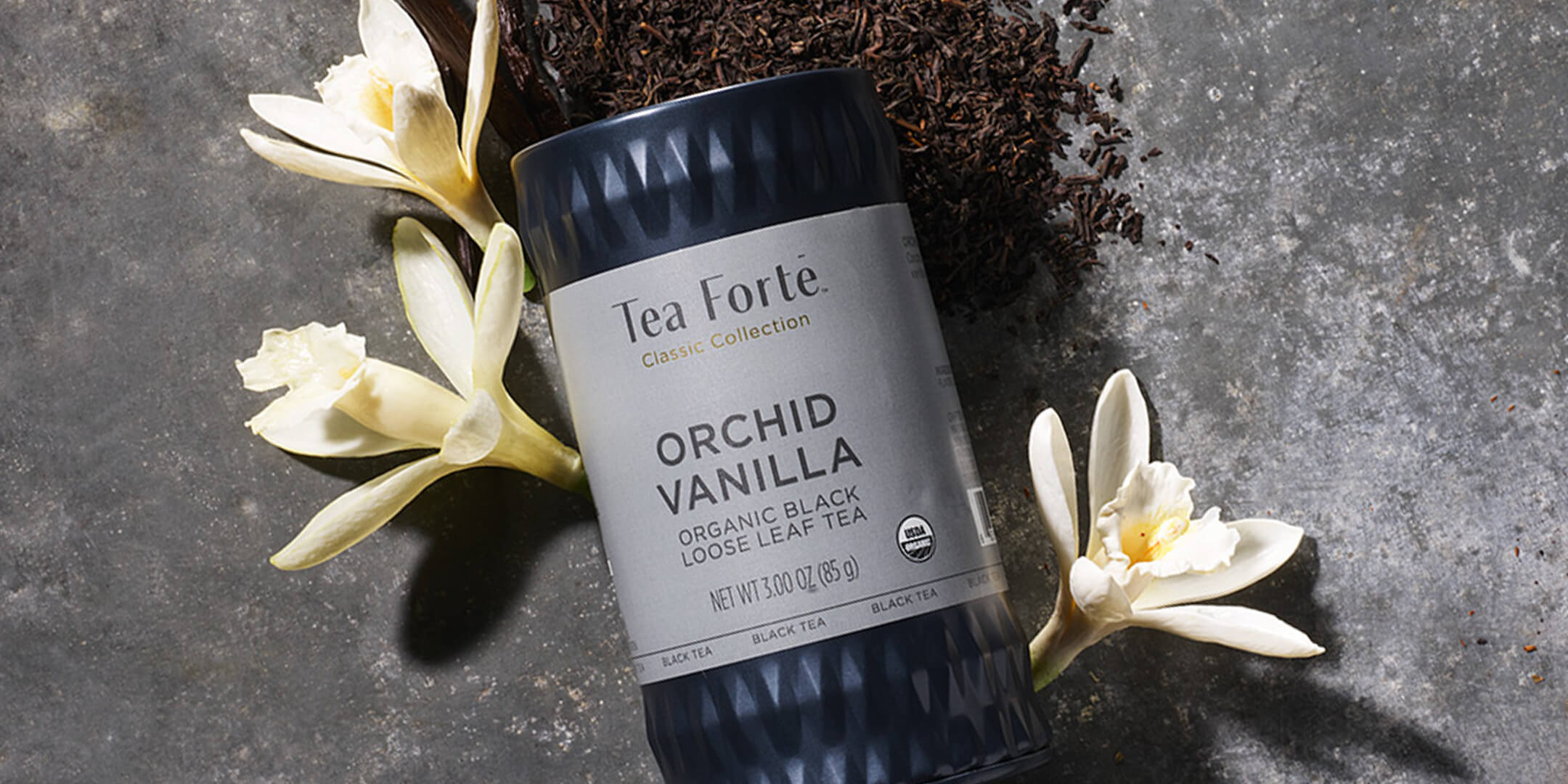 Orchid Vanilla loose tea canister with orchids