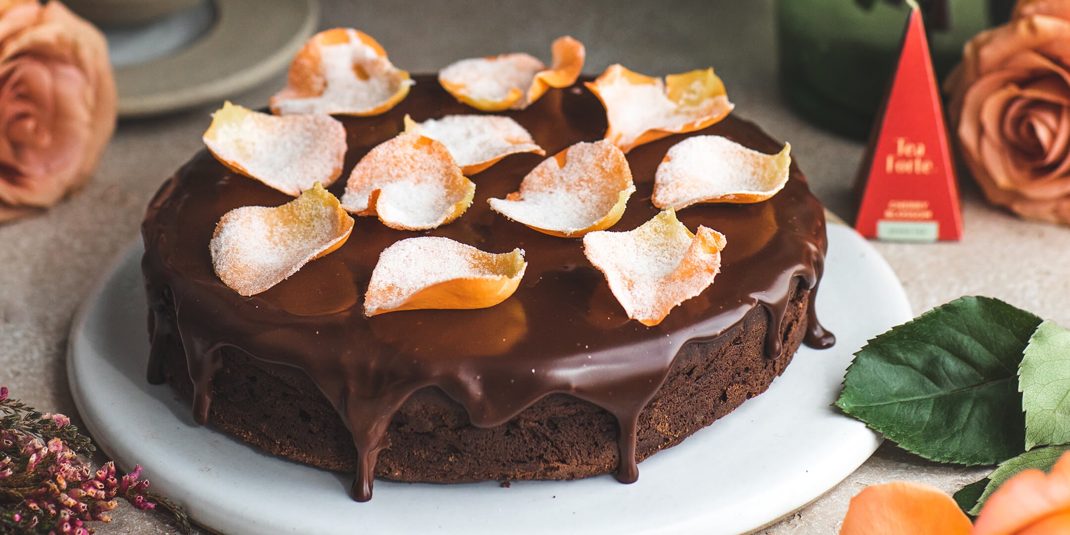 Cherry Blossom Infused Chocolate Torte decorated with rose petals