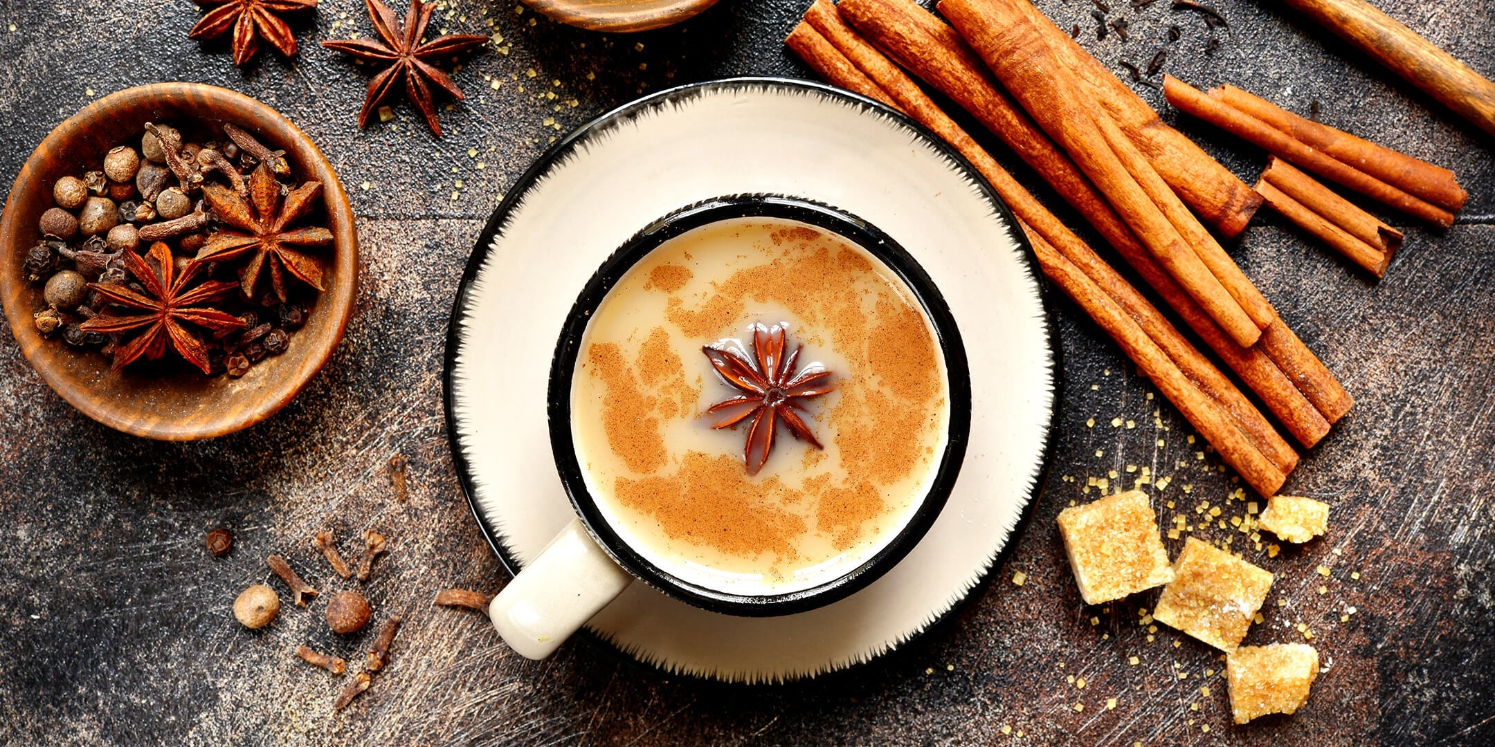 Cup of Bombay Chai tea with spices and sugar