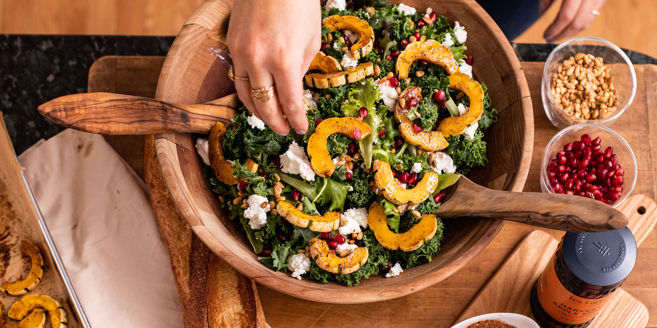 Large wooden bowl of Harvest Salad & Vinaigrette Dressing