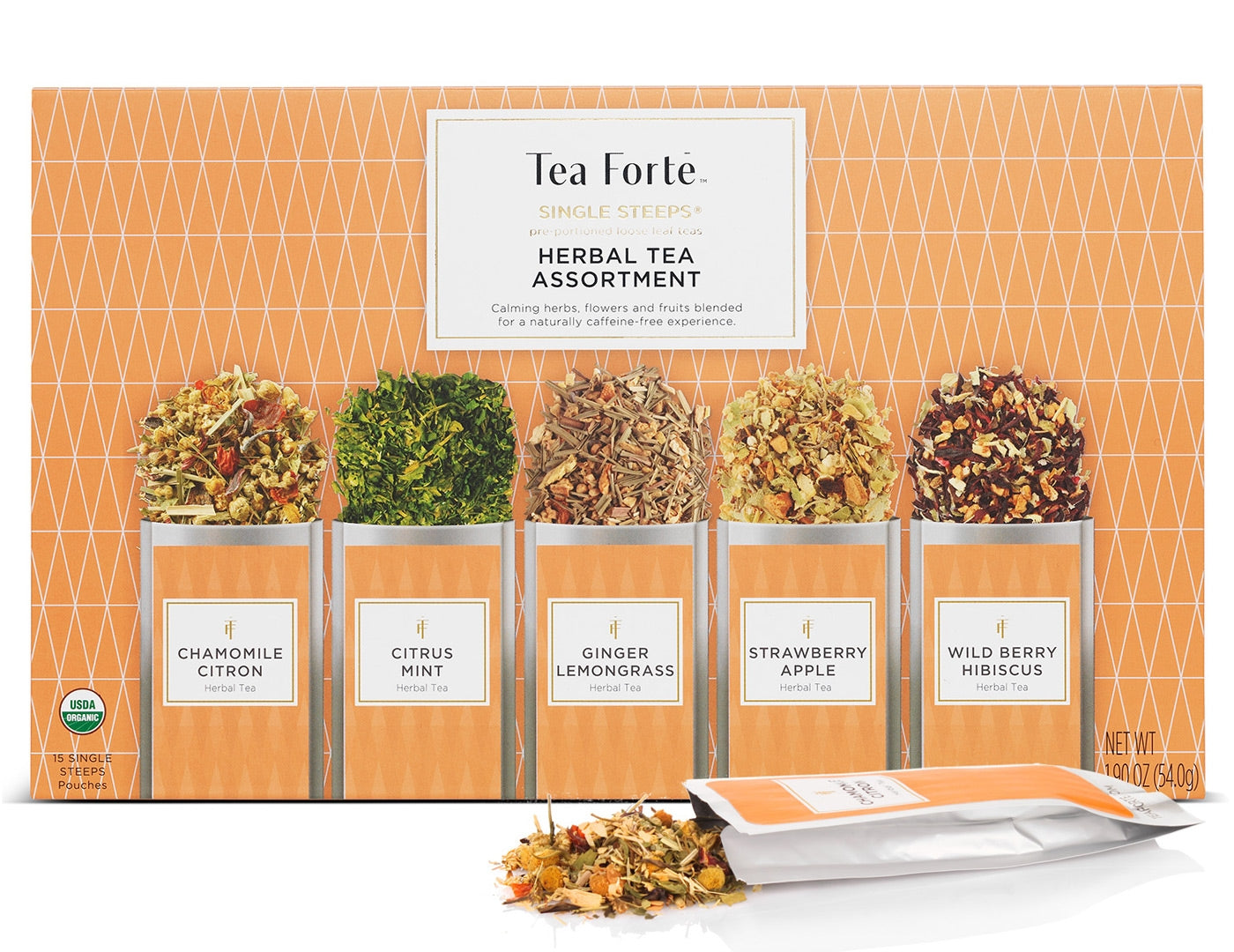 Herbal Tea Assortment Single Steeps Sampler of 15 pre-portioned loose tea pouches teas, box closed, and one pouch open, out front