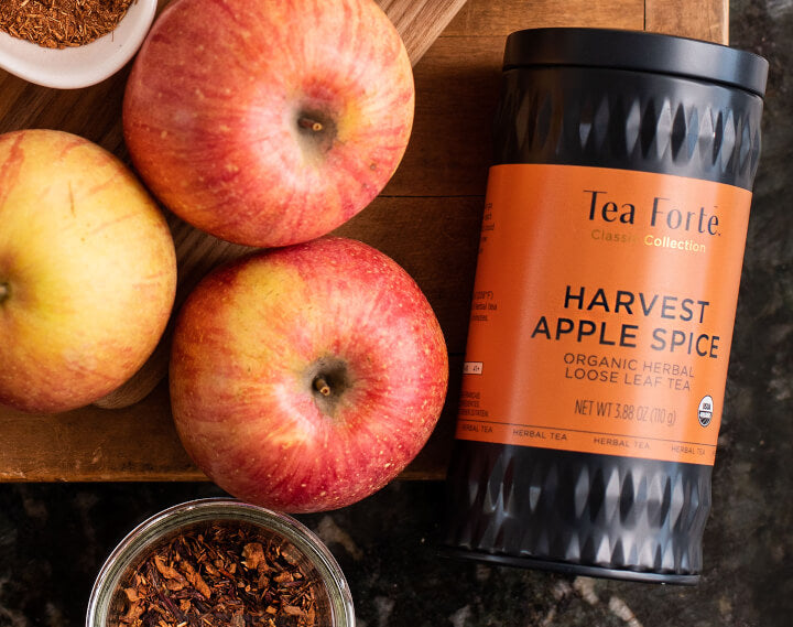 Harvest Apple Spice loose tea canister with apples and loose tea