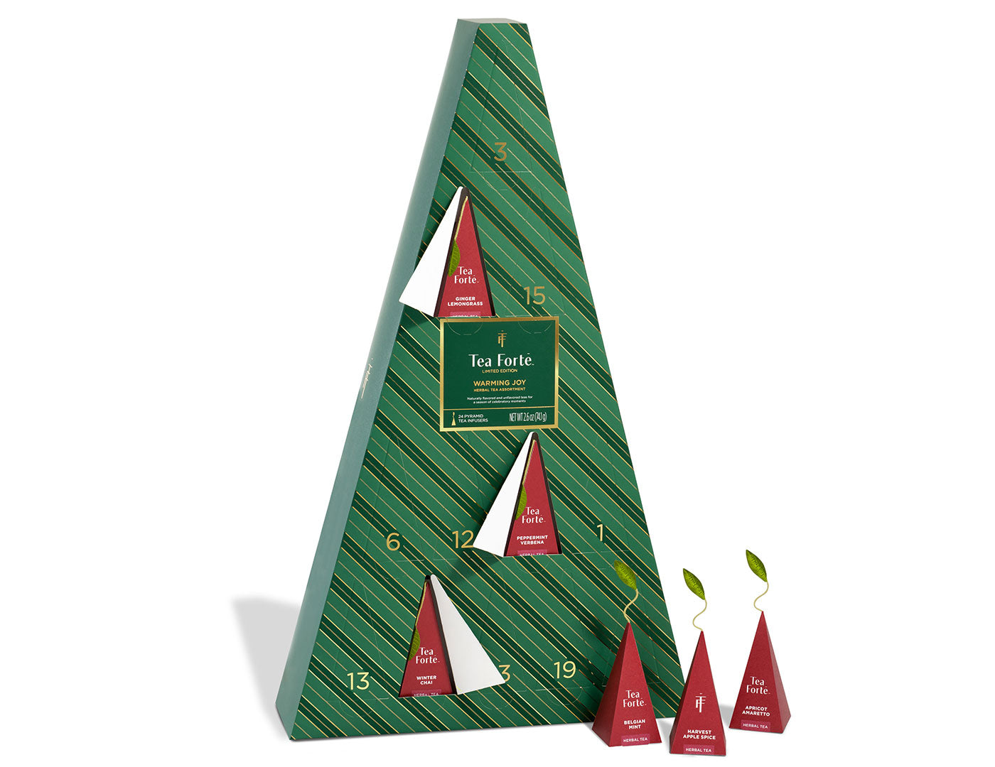 Warming Joy Herbal Advent Calendar with doors open and infusers to the right outside of box