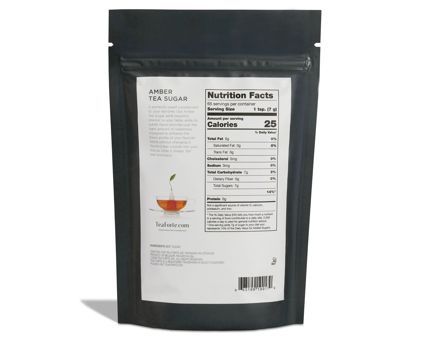 Amber tea sugar in a one pound bag showing nutrition information