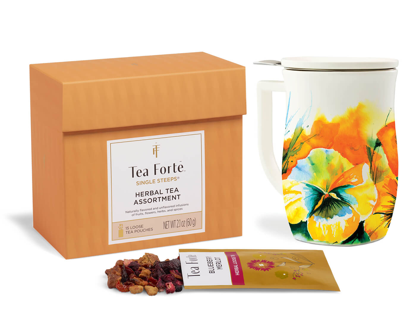 Herbal Sunshine Loose Tea Tasting Set of 15 loose tea pouches with Fiore Wild Poppy Steeping Cup