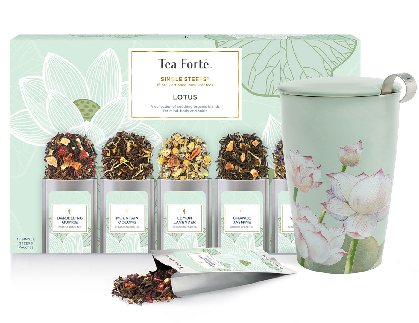 Tea Forte Lotus Loose Tea Tasting Set tea with one Single Steeps Sampler of 15 teas and one KATI Steeping Cup Lotus