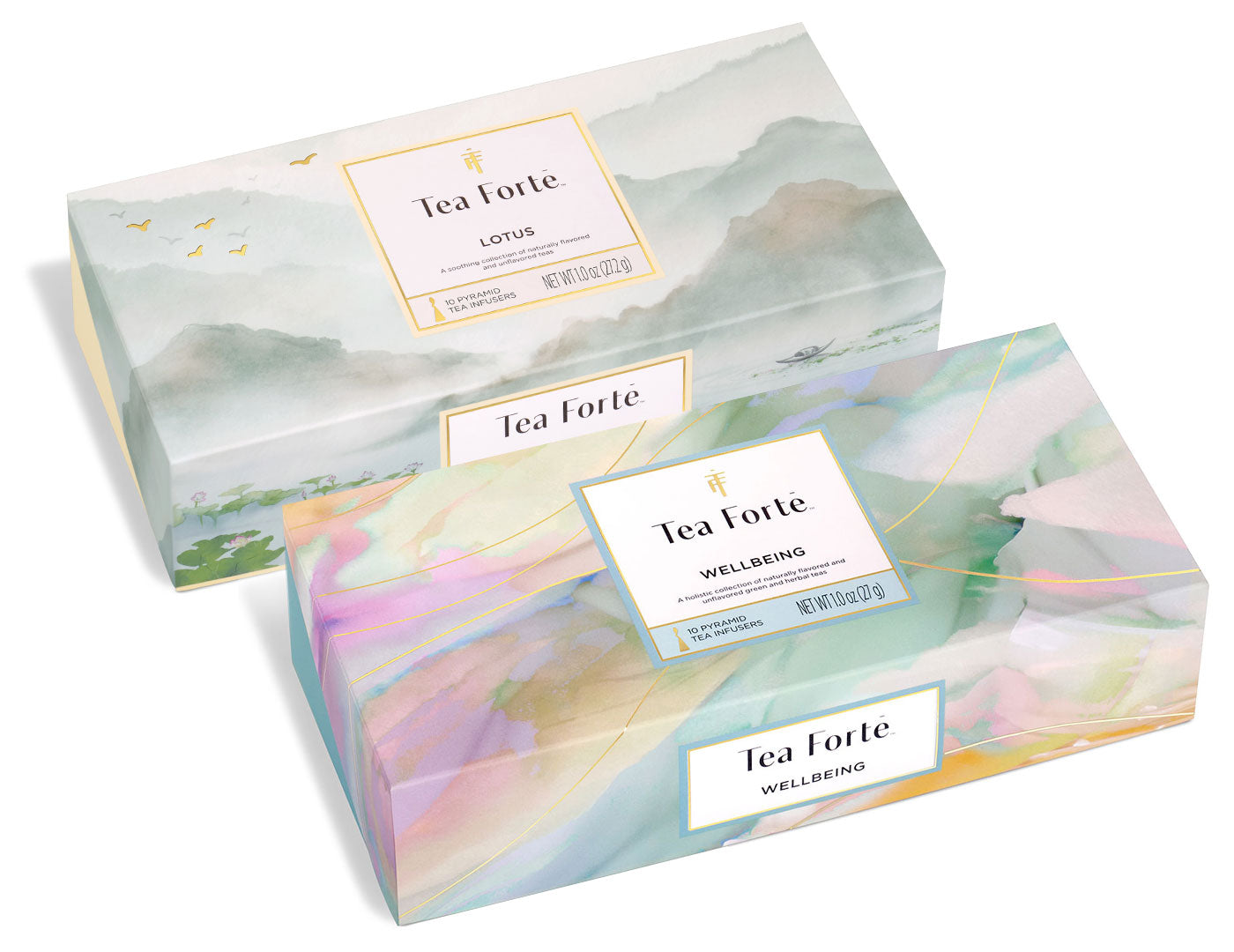 Two Tea Forté boxes: one Lotus Collection Petite, one Wellbeing Petite, both contain 10 pyramid tea infusers each, boxes closed