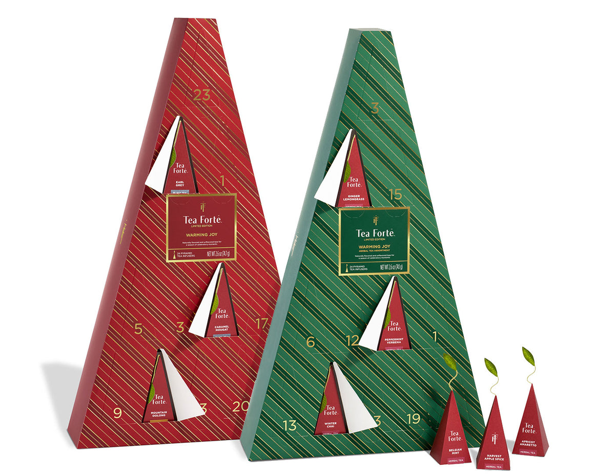 Two triangular Teá Forte Advent Calendars in red and green striped packaging, shown with several small pyramid tea infusers in front on a white background.