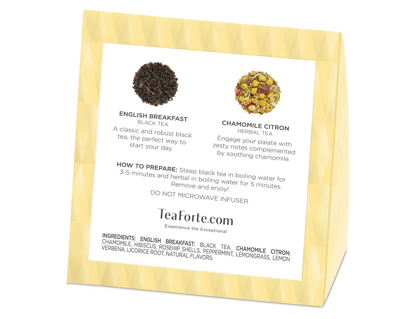 Tea Tasting Assortment Duo, back of box showing tea menu