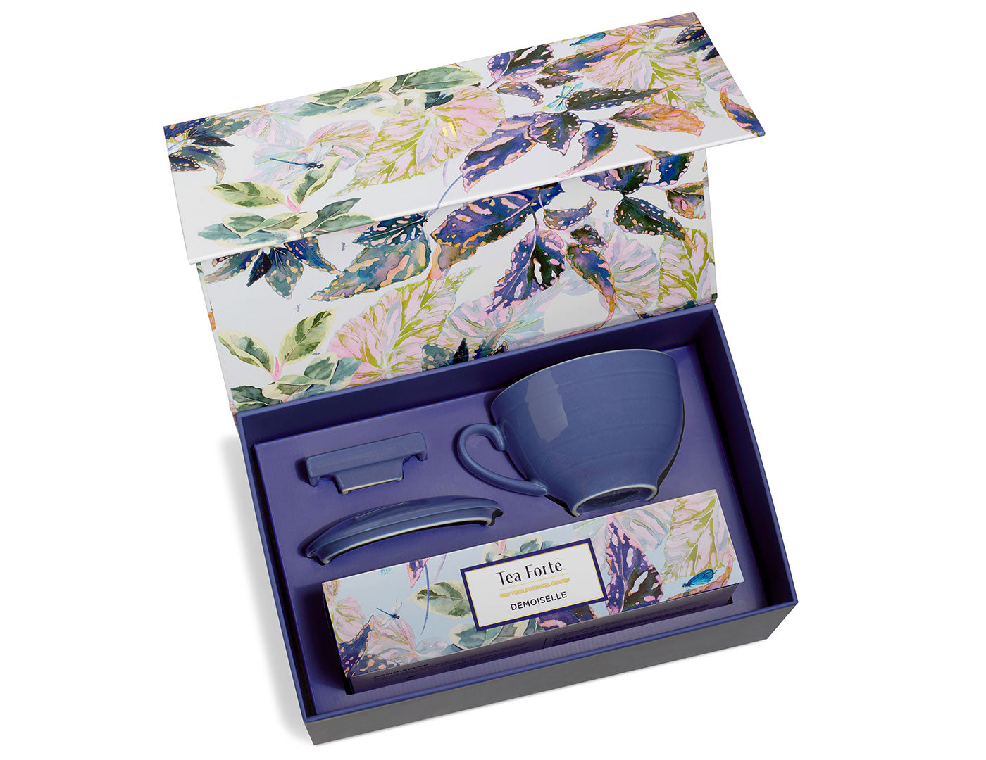 Demoiselle Gift Set box open showing one Petite of 10 teas, purple tray and purple Café Cup with lid inside