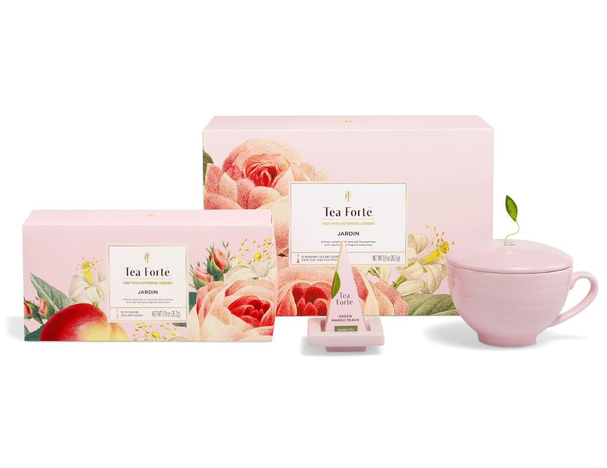 Jardin Luxury Gift Set, showing the Rose Pink Café Cup, Tea Tray and Petite box of 10 teas