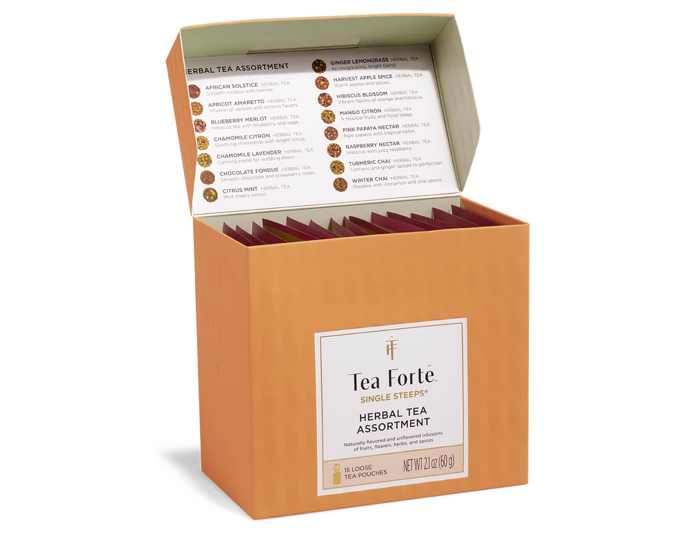 Herbal Tea Tasting Assortment Single Steeps Sampler box of 15 Single Steeps pouches - front of box open showing menu and pouches inside
