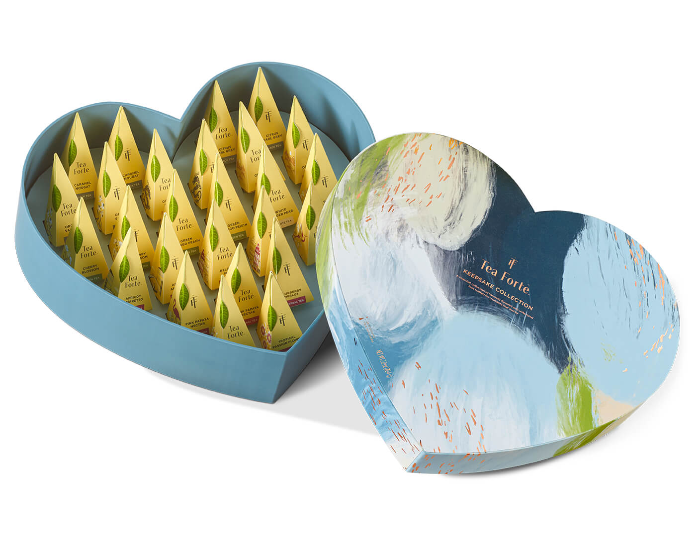 Keepsake Collection Heart Box, Something Blue, open showing 26 pyramid infusers, lid open to the side