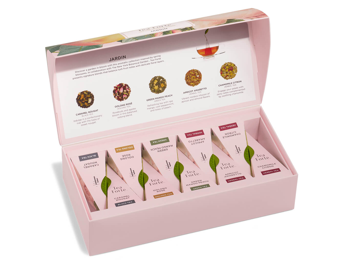 Jardin tea assortment in a 10 count petite presentation box with lid open