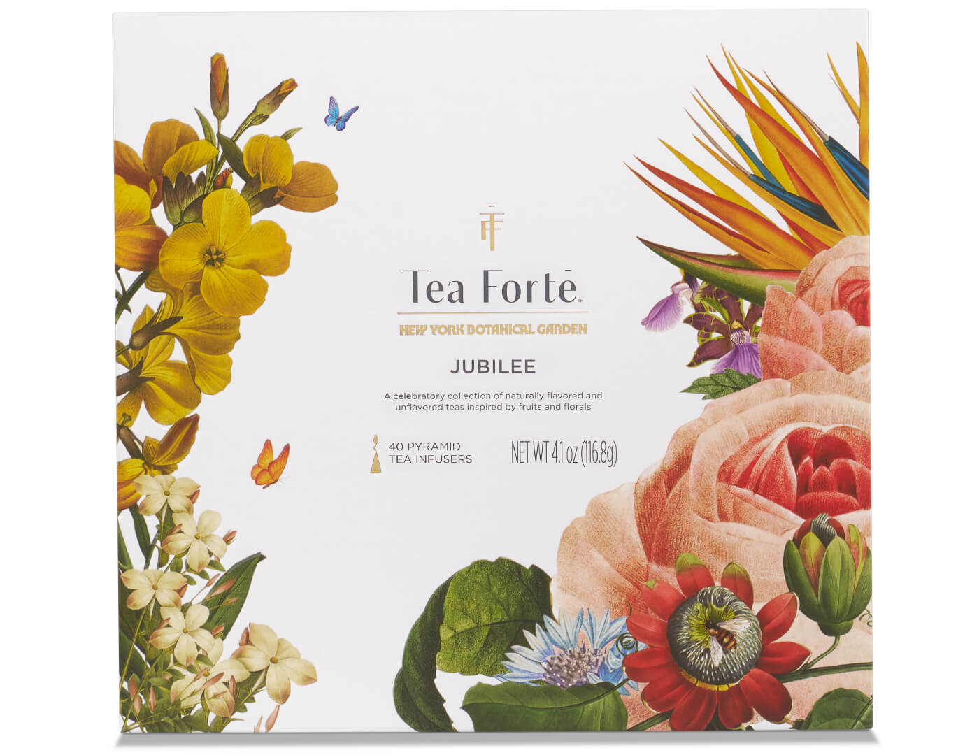 Jubilee Tea Chest of 40 pyramid tea infusers, closed box, facing head on