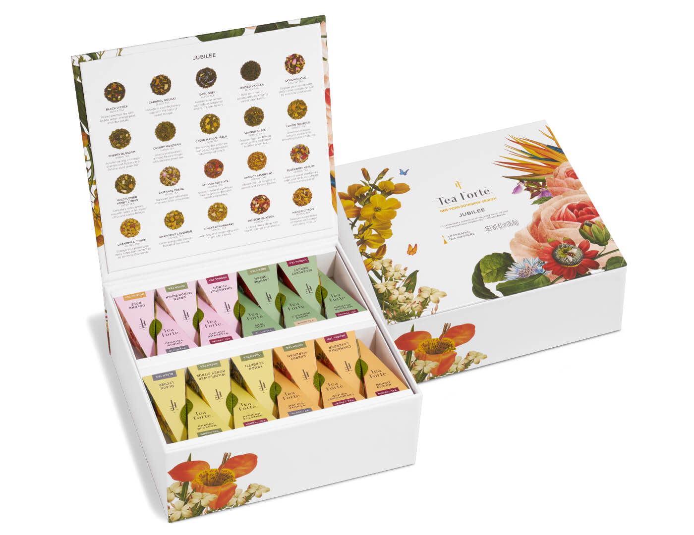 Jubilee Tea Chest of 40 pyramid tea infusers, open and closed boxes