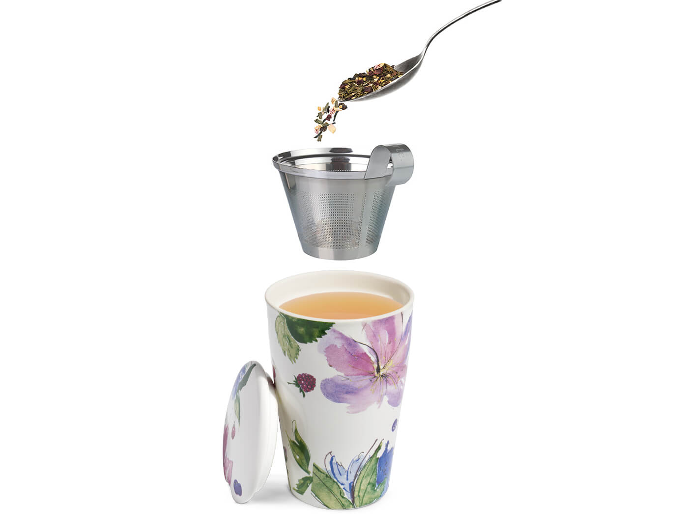 Adding loose tea with a spoon to a Herbal Retreat KATI Steeping Cup 