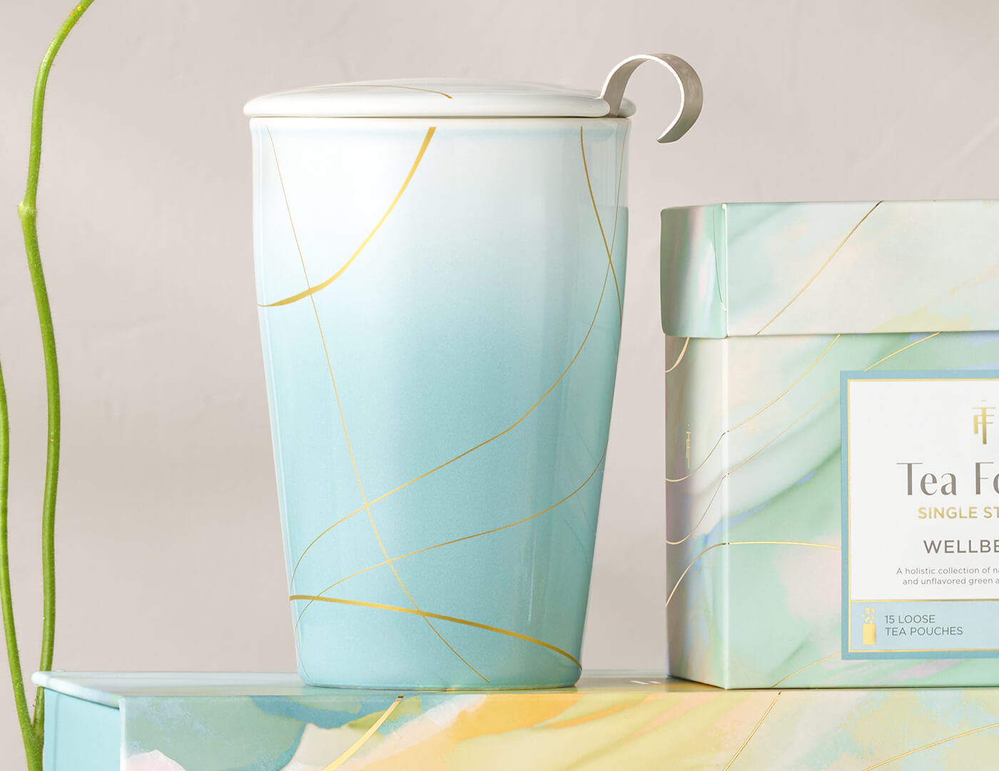 Wellbeing KATI® Steeping Cup with lid on and Single Steeps box next to it