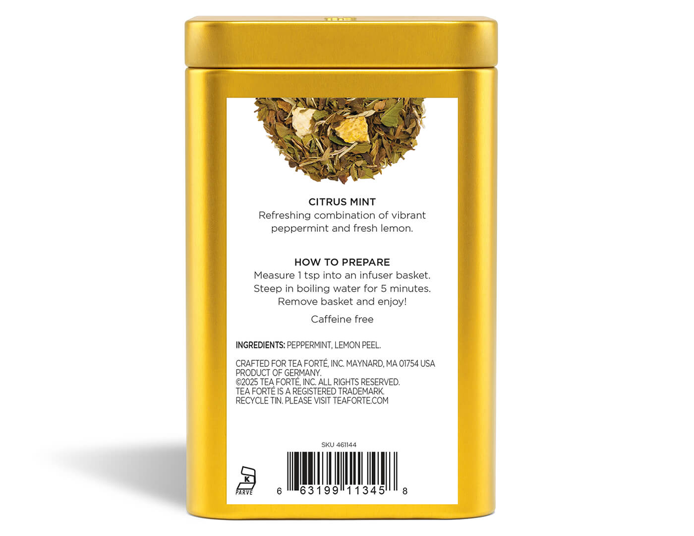 Citrus Mint tea in a canister of loose tea - back view