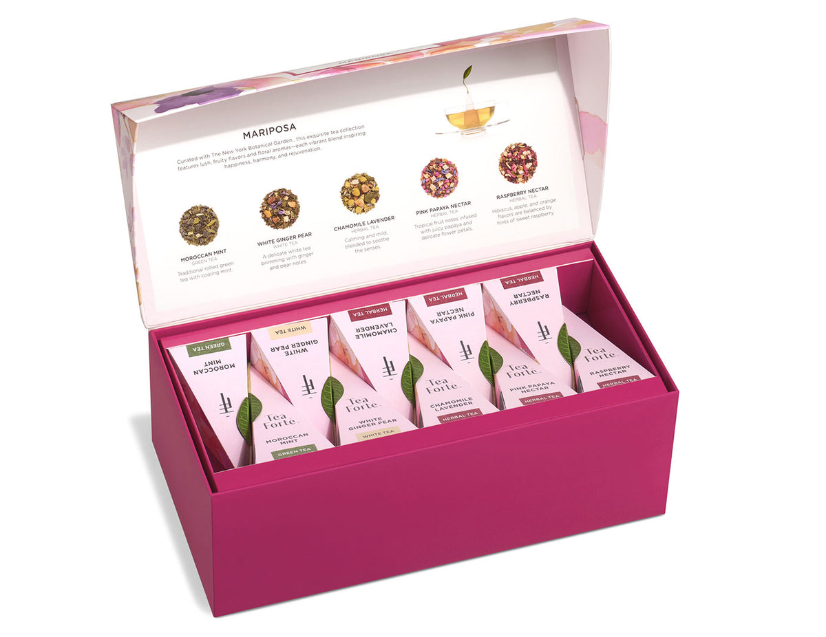 Mariposa Presentation Box of 20 pyramid tea infusers, open lid