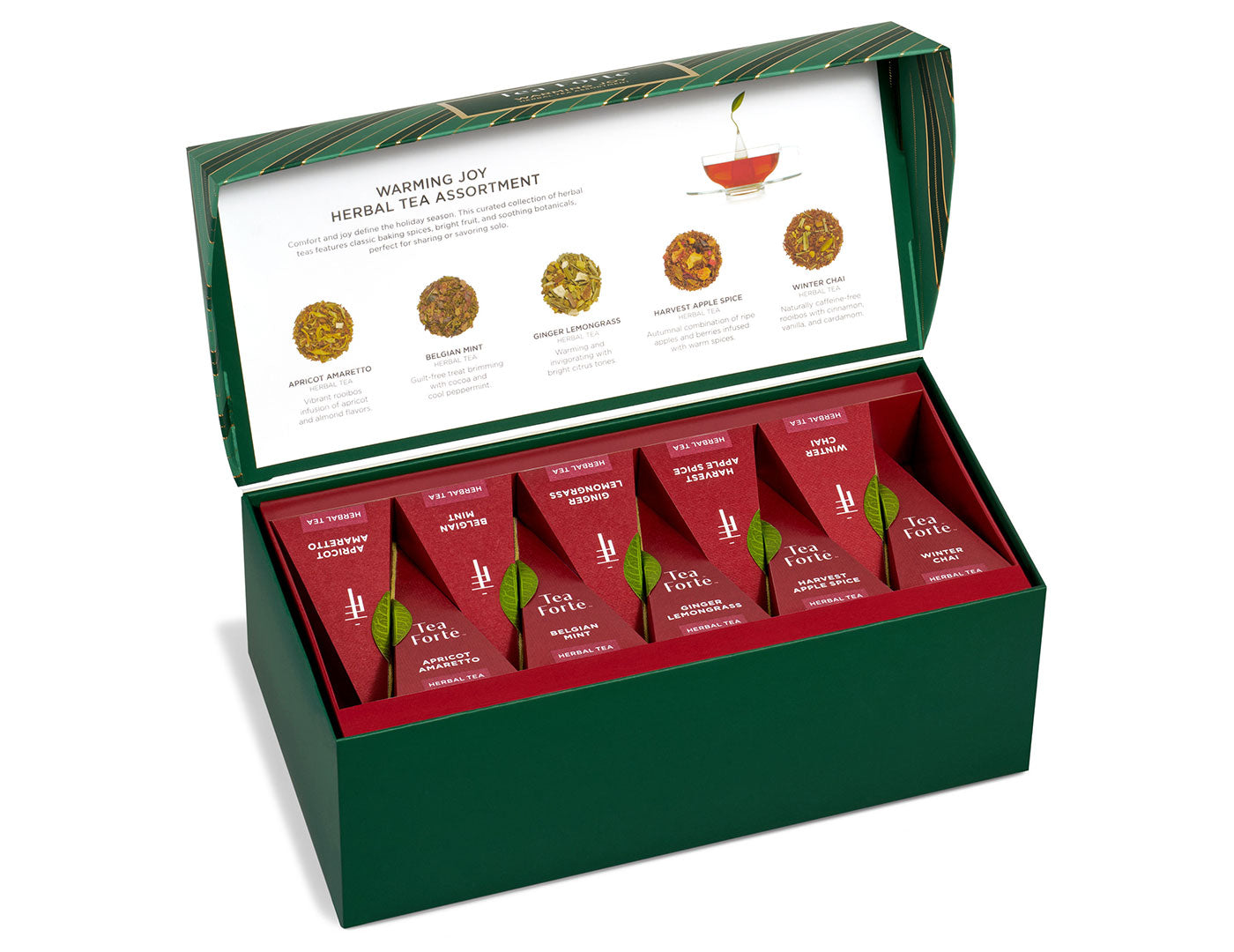 Warming Joy Herbal Presentation Box 2026 of 20 pyrmid tea infusers, open lid