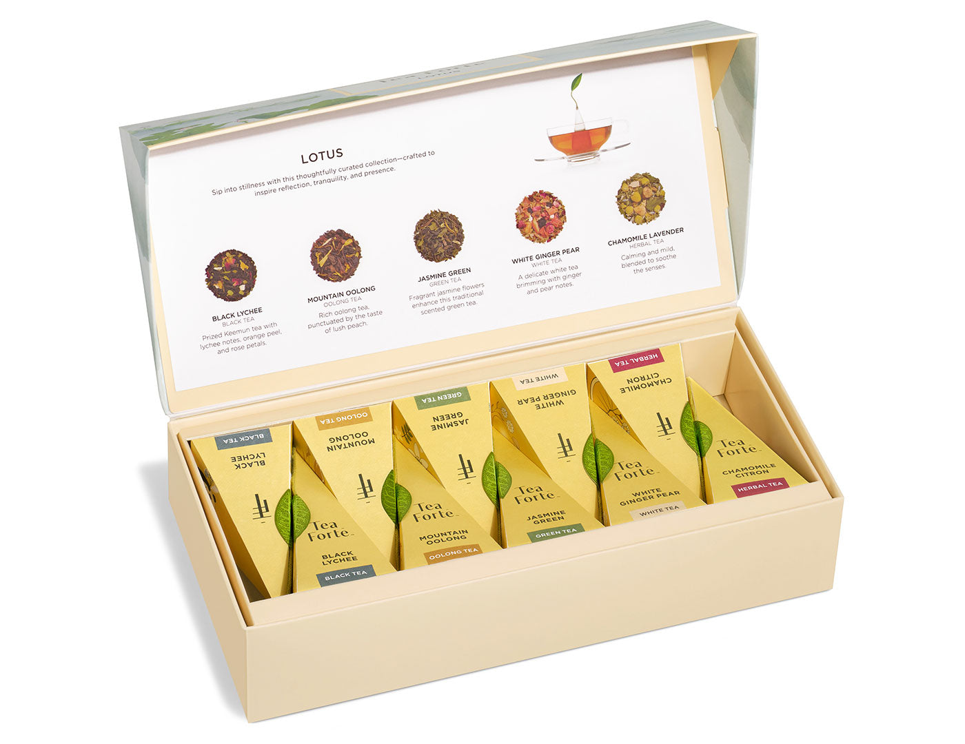 Lotus tea assortment in a 10 count Petite Presentation box with lid open