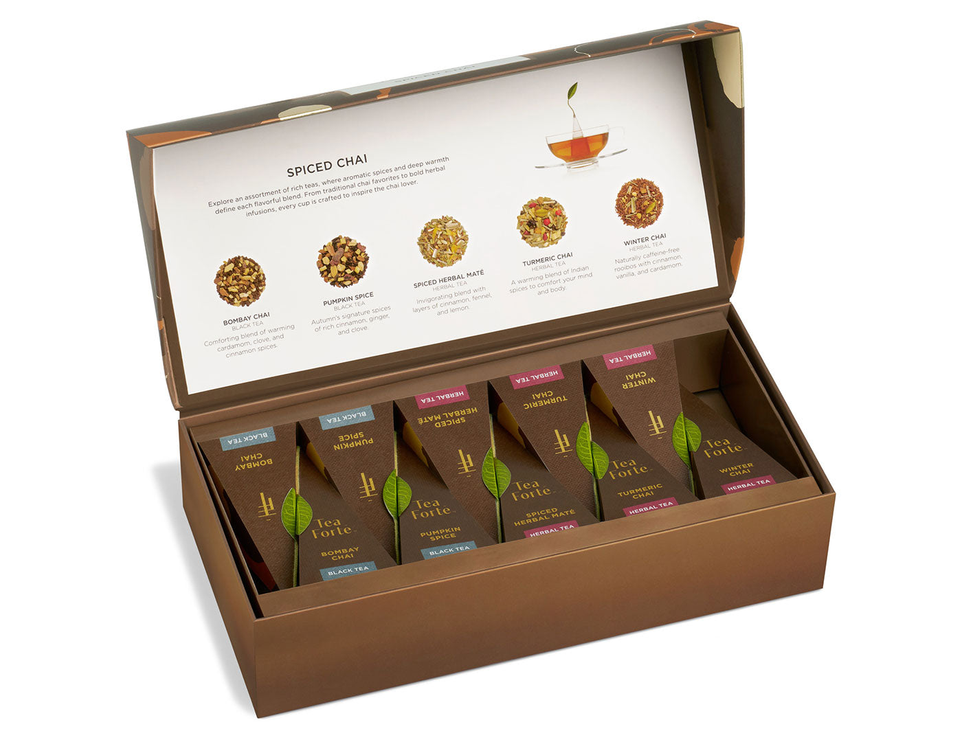 Spiced Chai tea assortment in a 10 count petite presentation box with lid open