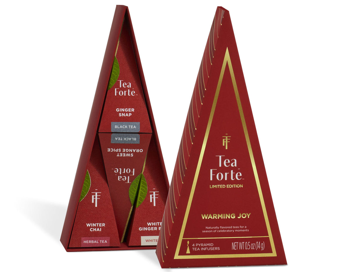 Two Warming Joy Petite Tea Trees on a white background, one shown with back cover off exposing teh teas, and one shown facing front