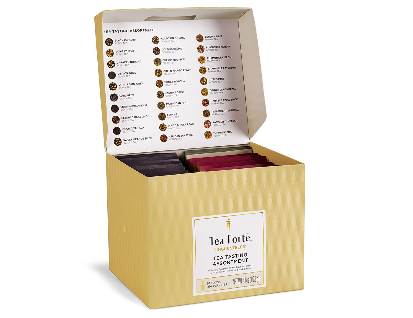Single Steeps tea assortment in a 30 count chest of Single Steeps pouches with lid open