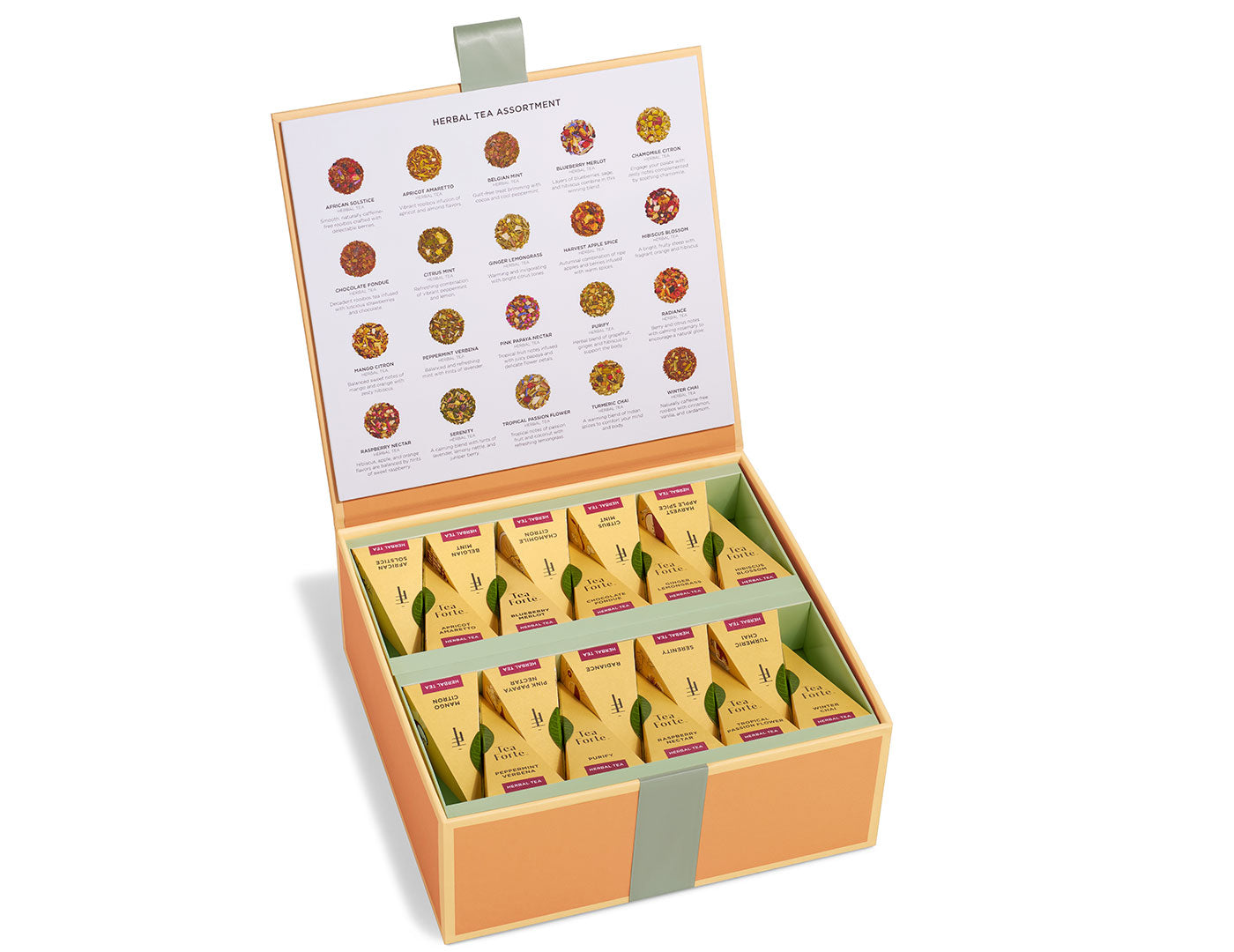 Herbal Tea Tasting assortment in a 40 count tea chest of pyramid infusers with lid open