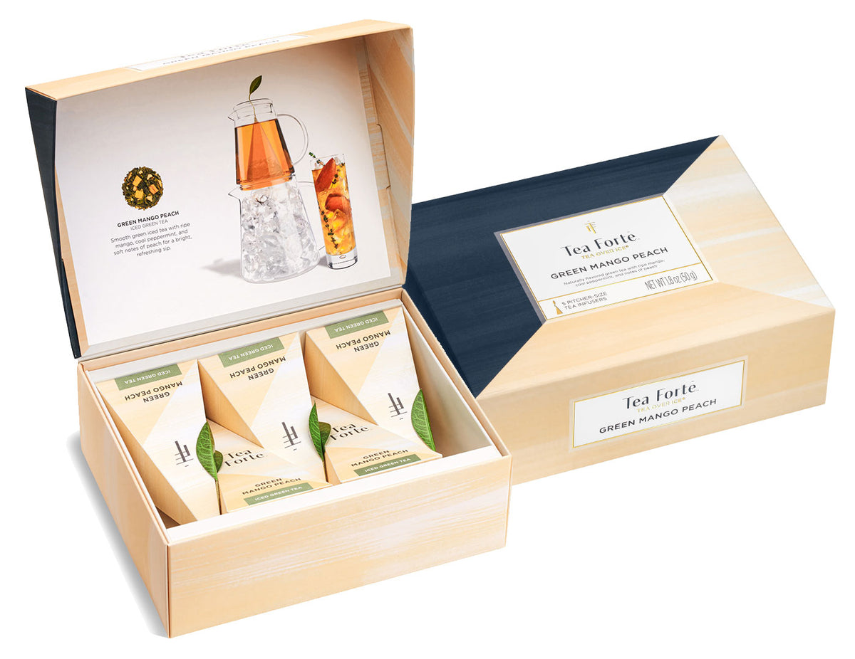 Open box of Green Mango Peach Tea Over Ice 5pk.