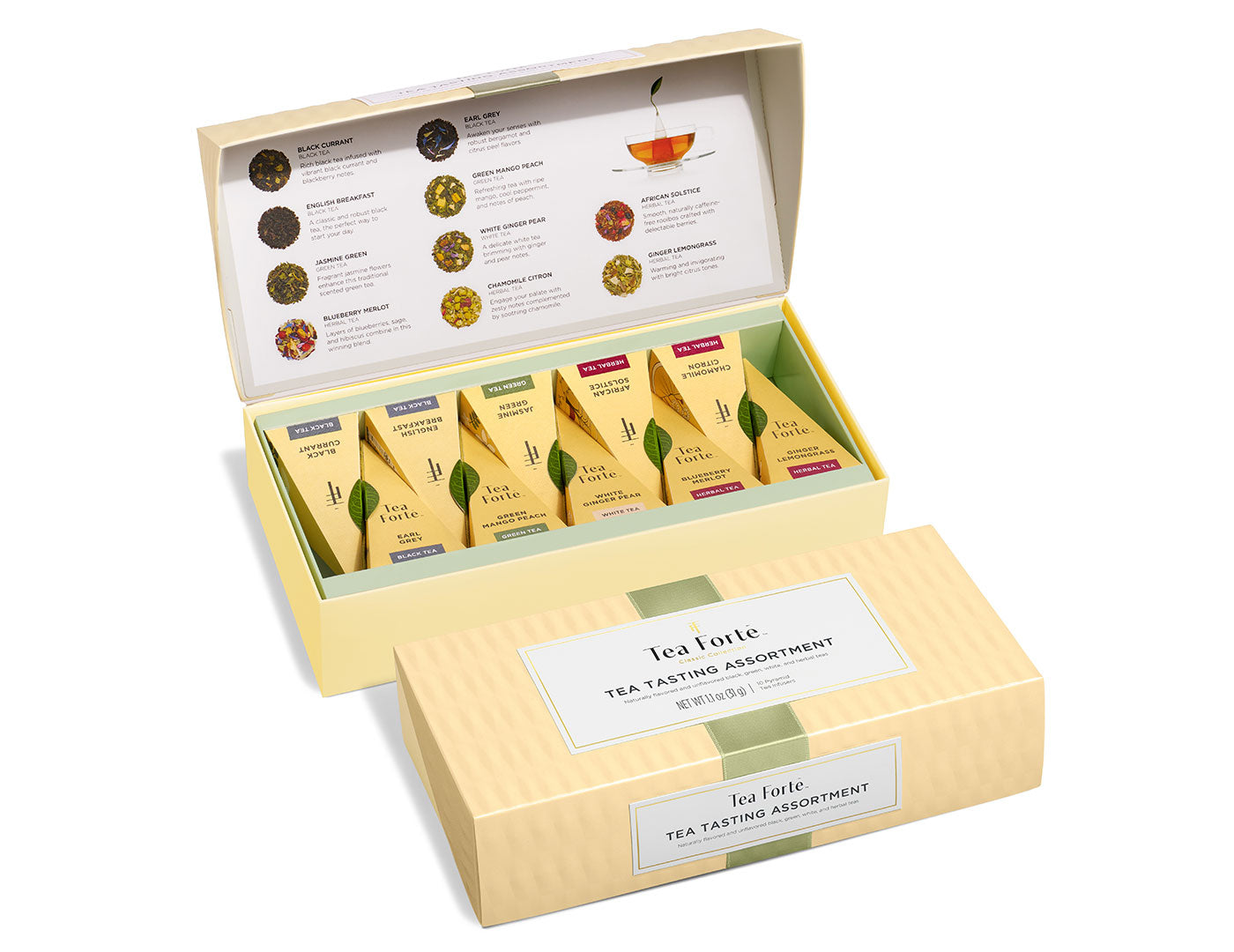 Tea Tasting tea assortment in a 10 count petite presentation box with lid open and closed