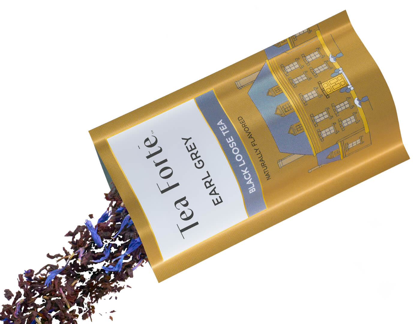 Tea Forte Earl Grey single steeps pouch with loose tea spilling out on a white background