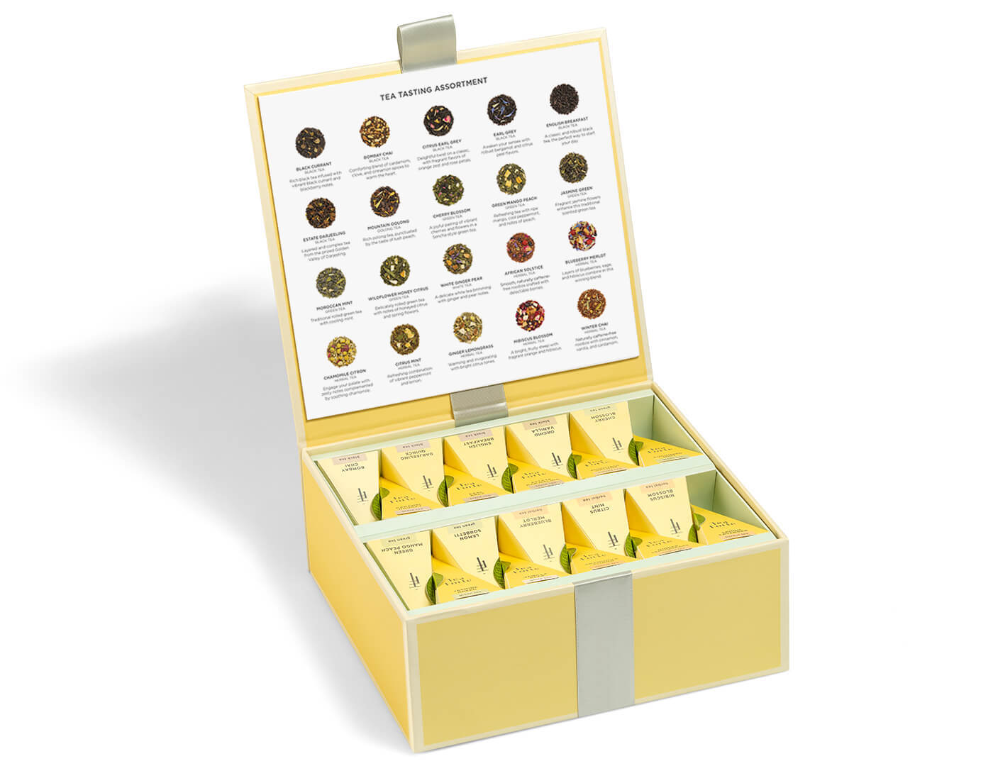 Tea Tasting tea assortment in a 40 count tea chest of pyramid infusers with lid open