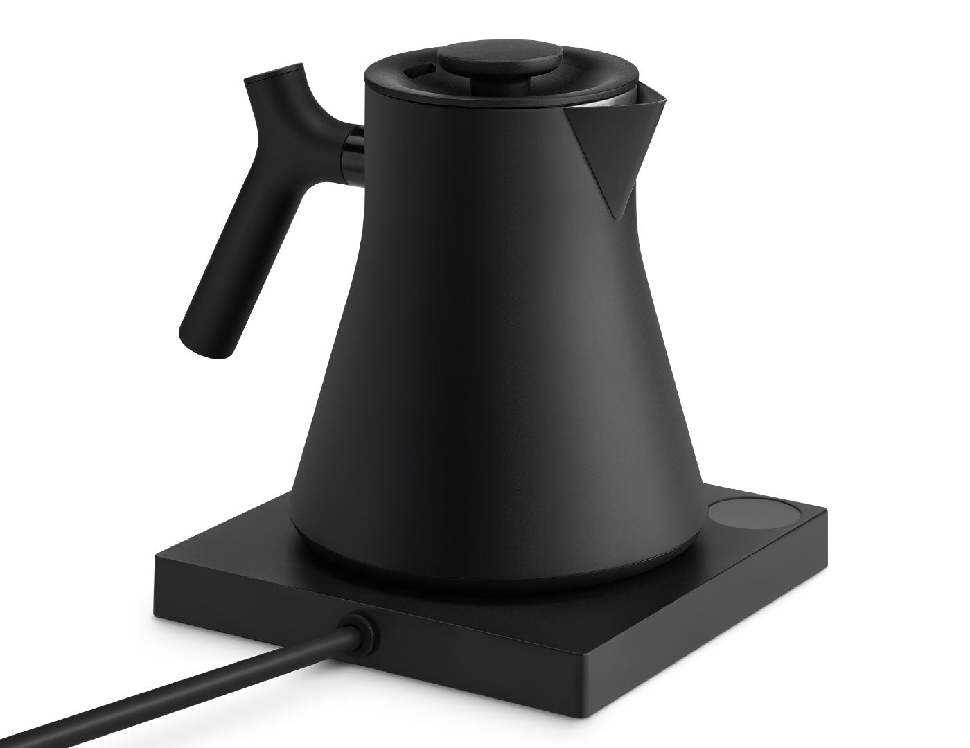 Black Corvo Kettle EKG Pro resting on its base with cord running off the frame