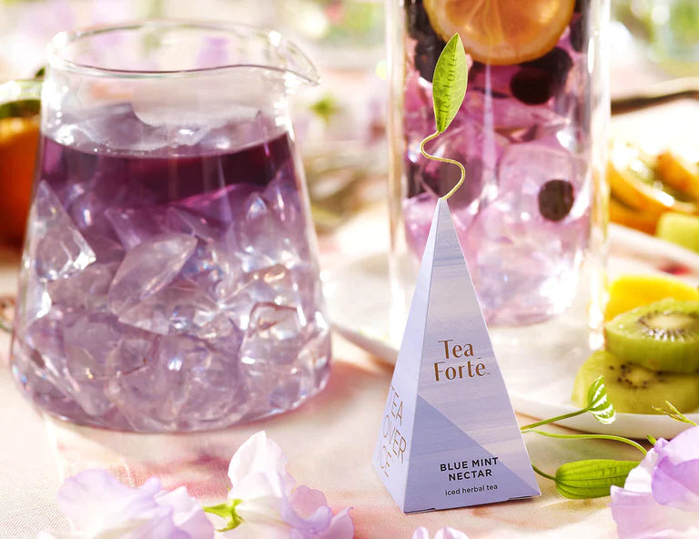 Tea Over Ice Blue Mint Nectar iced tea pyramid infuser on a table