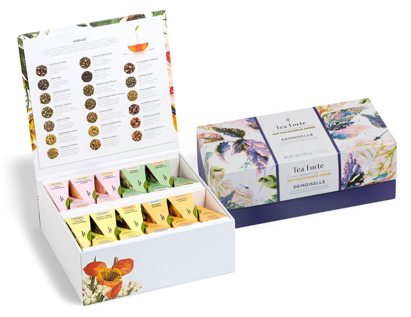 Jubilee Tea Chest  of 40 teas, box open,  and one Demoiselle Presentation Box of 20 teas, box closed