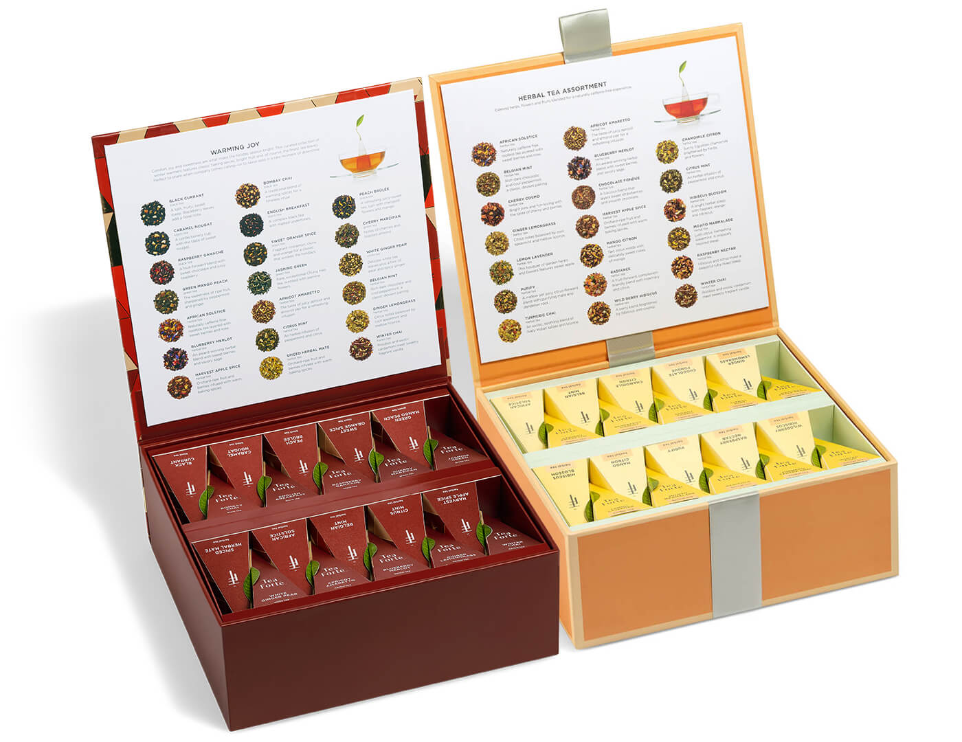 Warming Joy and Herbal Tea Tasting Assortment Tea Chests, open