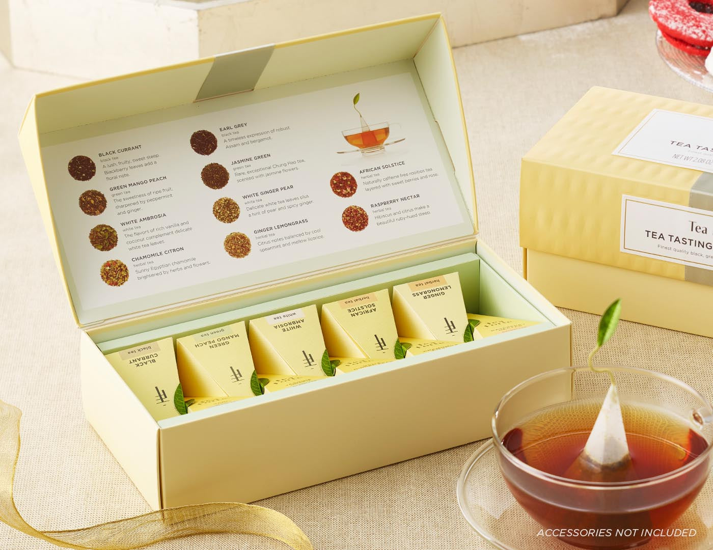 Tea Tasting Assortment Petite box, open with glass teacup and infuser