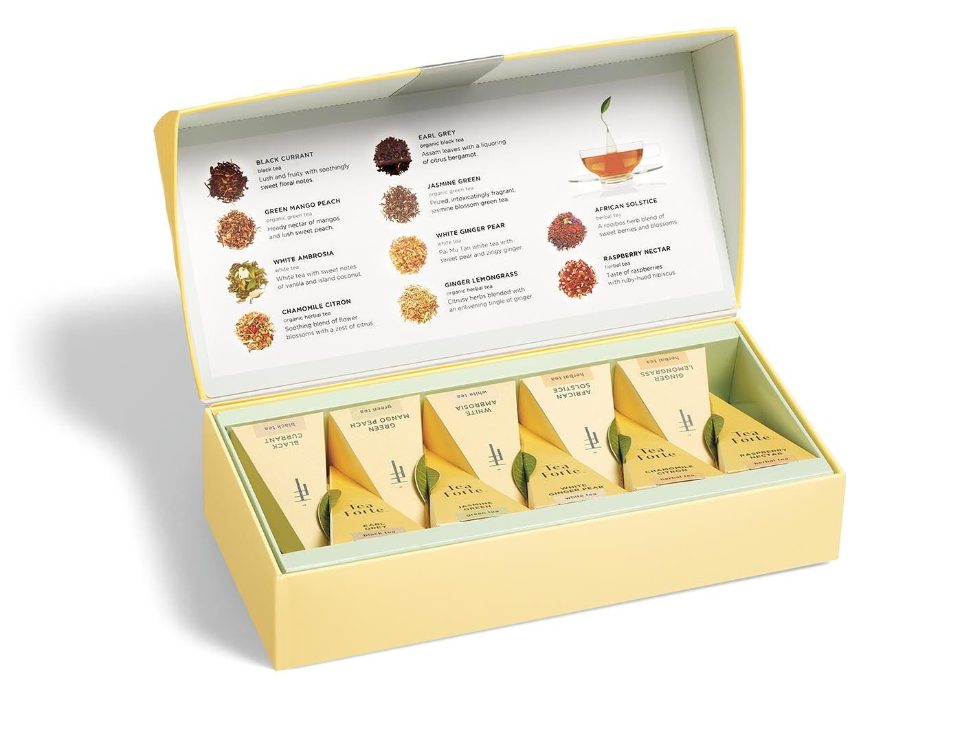 Tea Tasting Assortment Petite box, open with 10 pyramid tea infusers