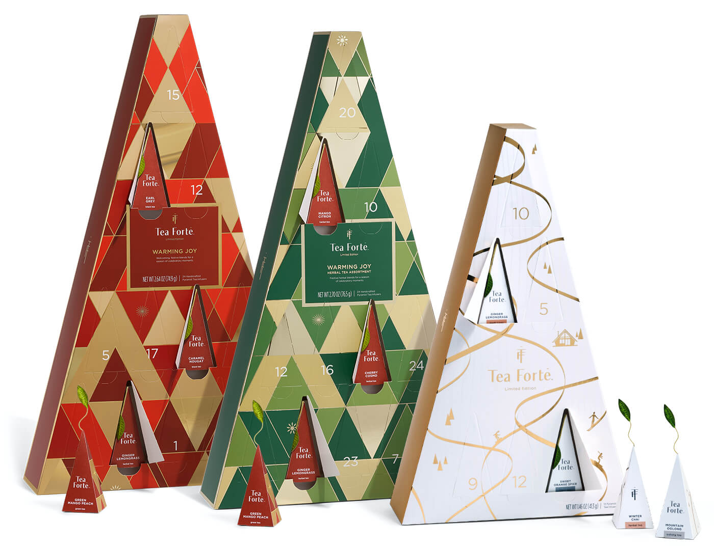 Trio of Trees Advent Calendars, one of each: Warming JOy Assorted Advent, Warming Joy Herbal Advent and Winter Chalet 12 days of cozy teas advent