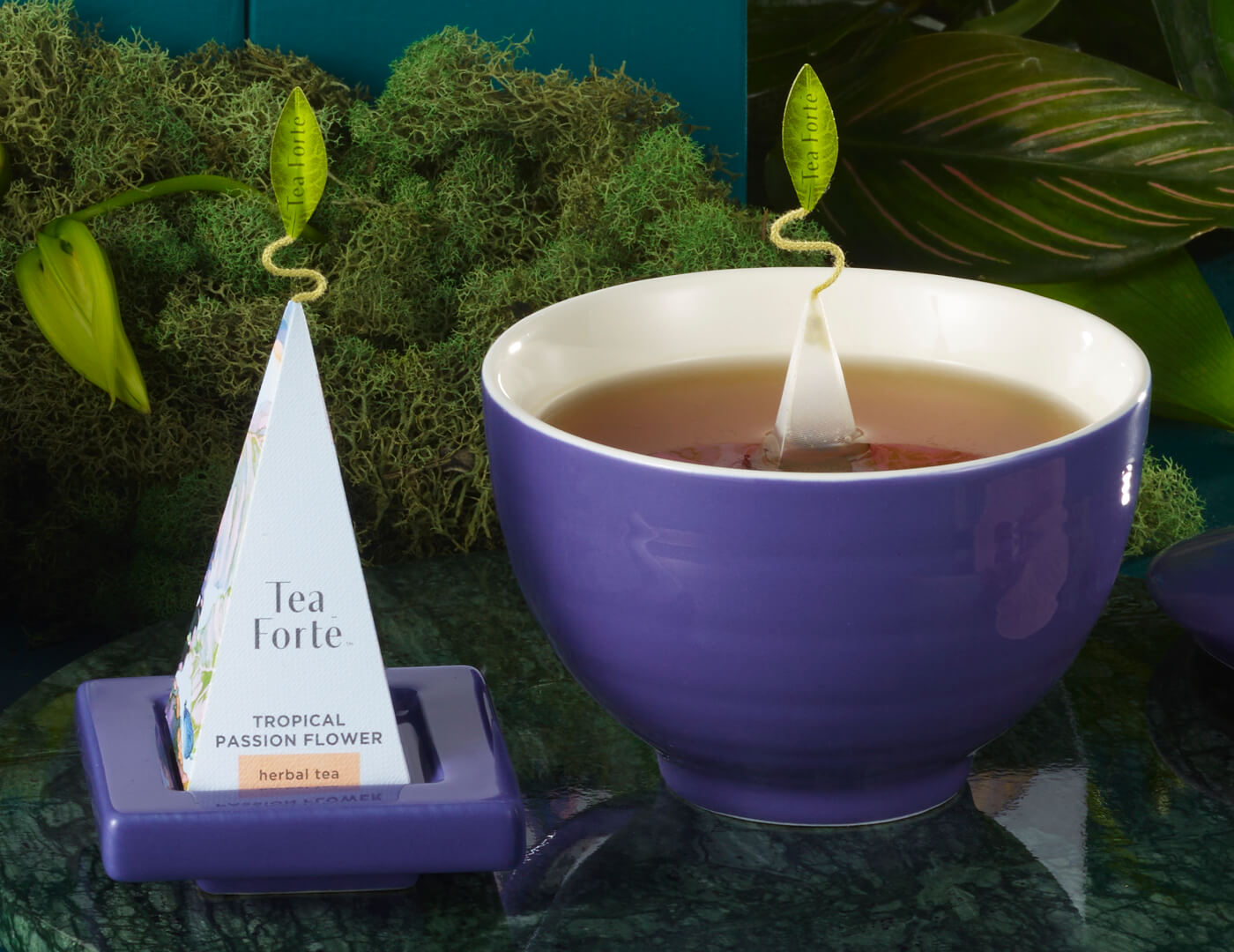 Closeup of the Demoiselle Gift Set Café Cup and Tea Tray in indigo, amongst moss and plants