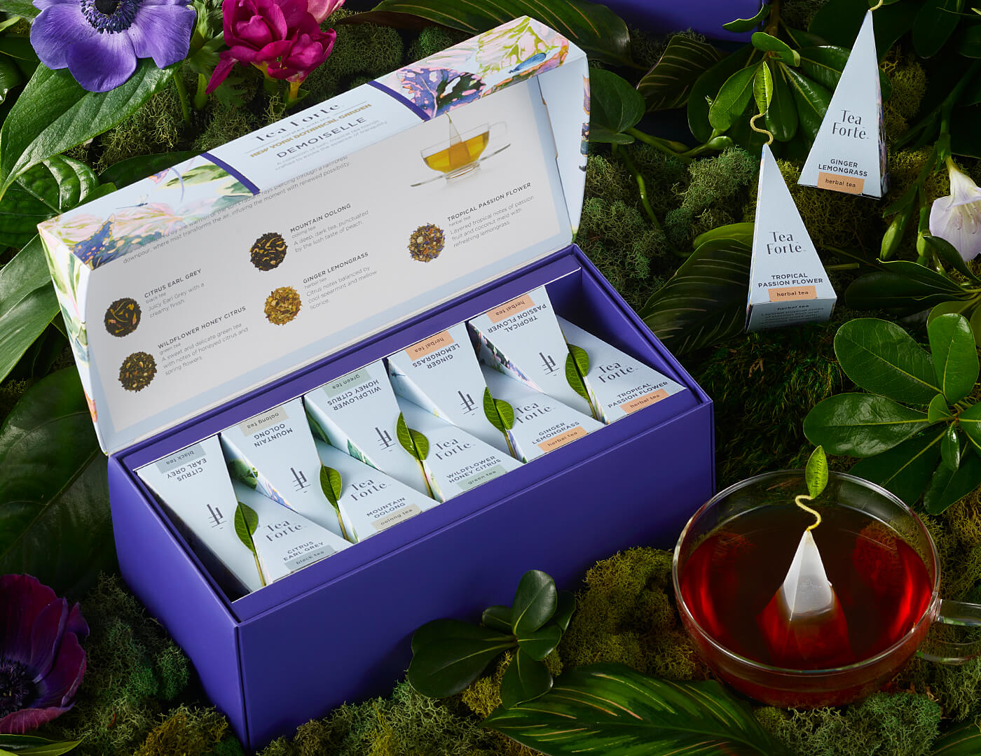 Demoiselle Presentation Box of 20 infusers, open, with infuser and teacup, amongst moss and plants