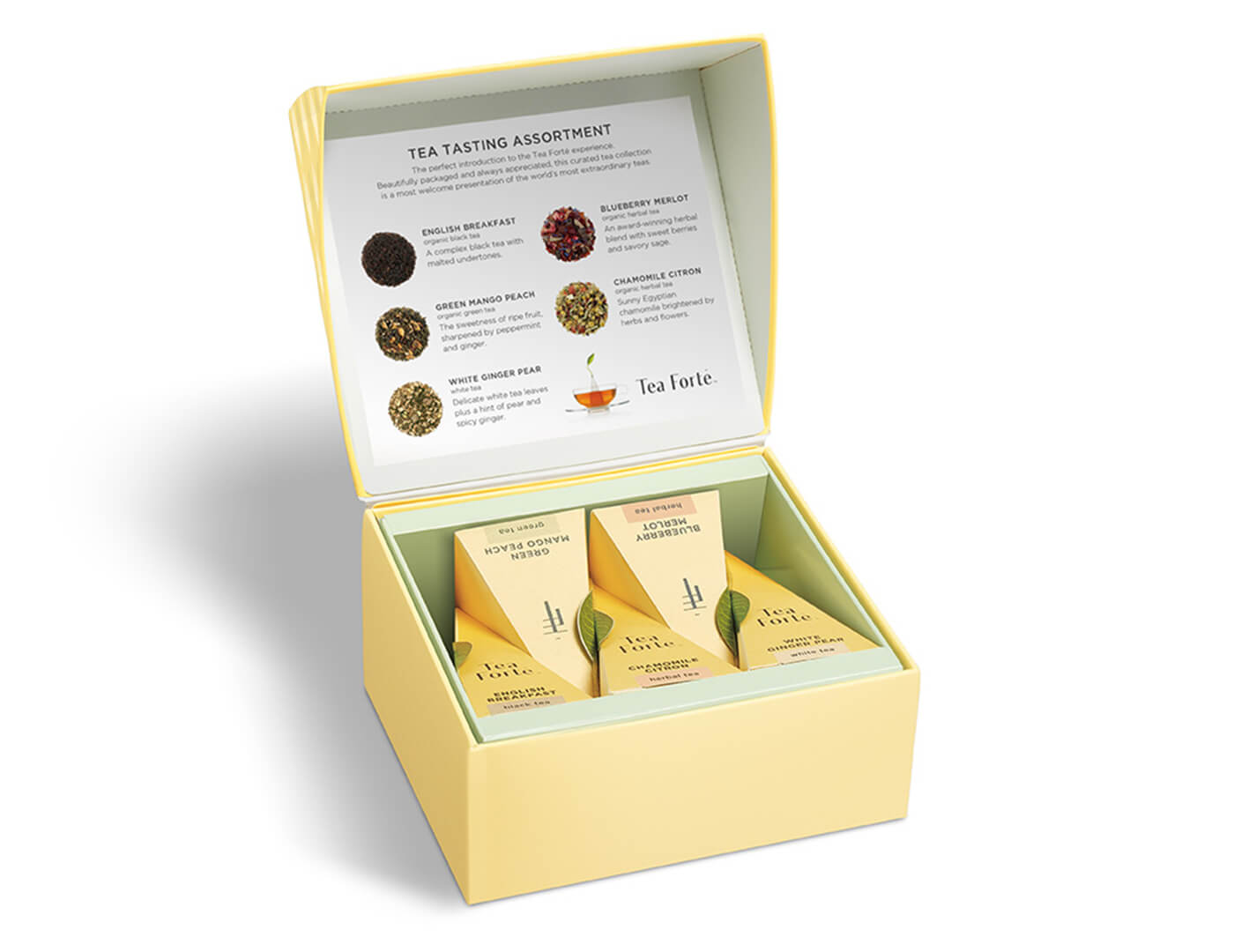 Classic Mini Petite Presentation Box, open, includes 5 pyramid infusers